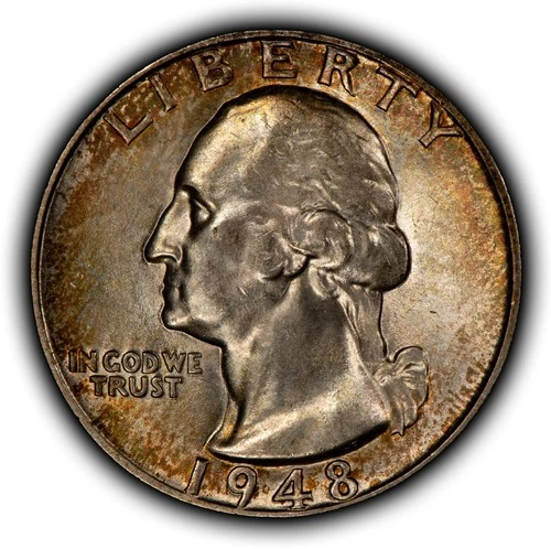 1948 25c Silver Washington Quarter - Colorful Toning - UNC - SKU-Z6457