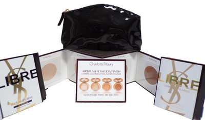2 CHARLOTTE TIBURY SKIN MICRO POWDER + 2 LIBRE YSL 1.2ml PERFUME + MAKE UP BAG