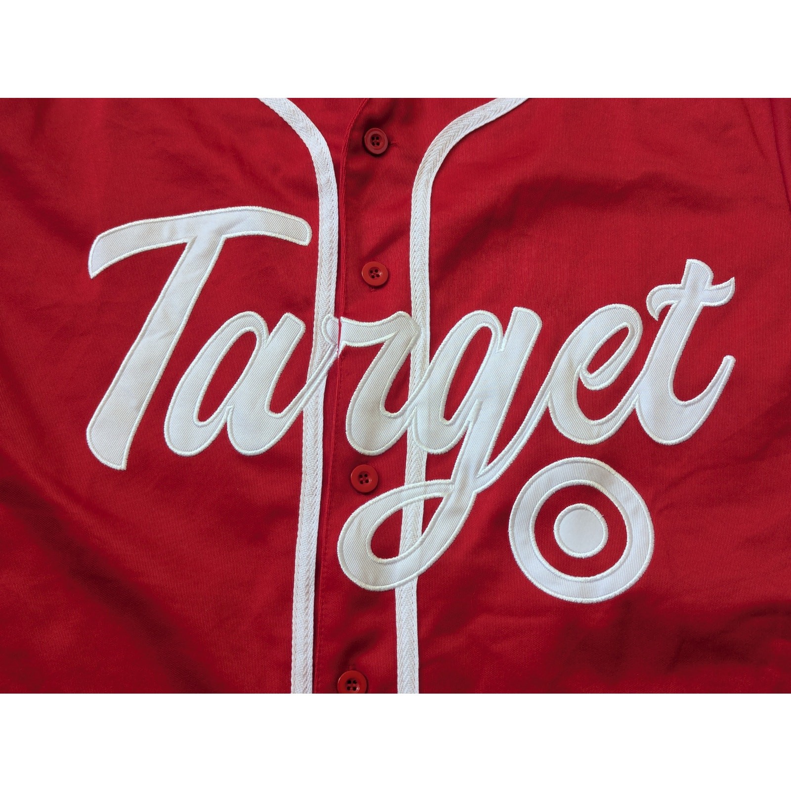 Rare Target Employee Baseball Jersey Red Button Up Uniform Shirt Size L image 3