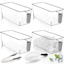 4 Pack Clear Ice Bins for Freezer, Plastic Ice Bucket with Flexible Scoop & I...