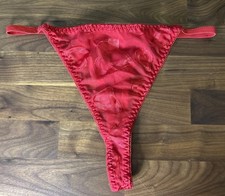 Vtg RED Thong Panties Second Skin Sz L Mesh Whale Tale Hearts Sheer Hi Cut