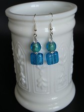 Lampwork Glass Beaded Silver Tone Hook Dangle Earrings w/ Crystal Handcrafted