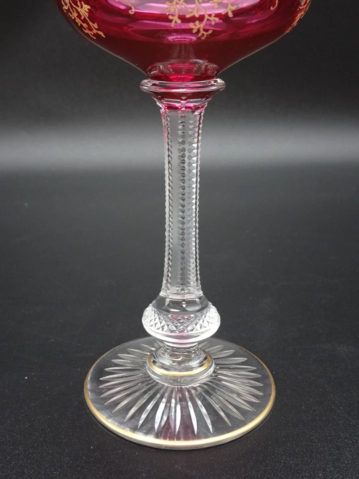 EARLY SAINT ST LOUIS CRYSTAL RUBY WINE HOCK GLASS GILT ENGRAVED DESIGNS - Image 3 of 4