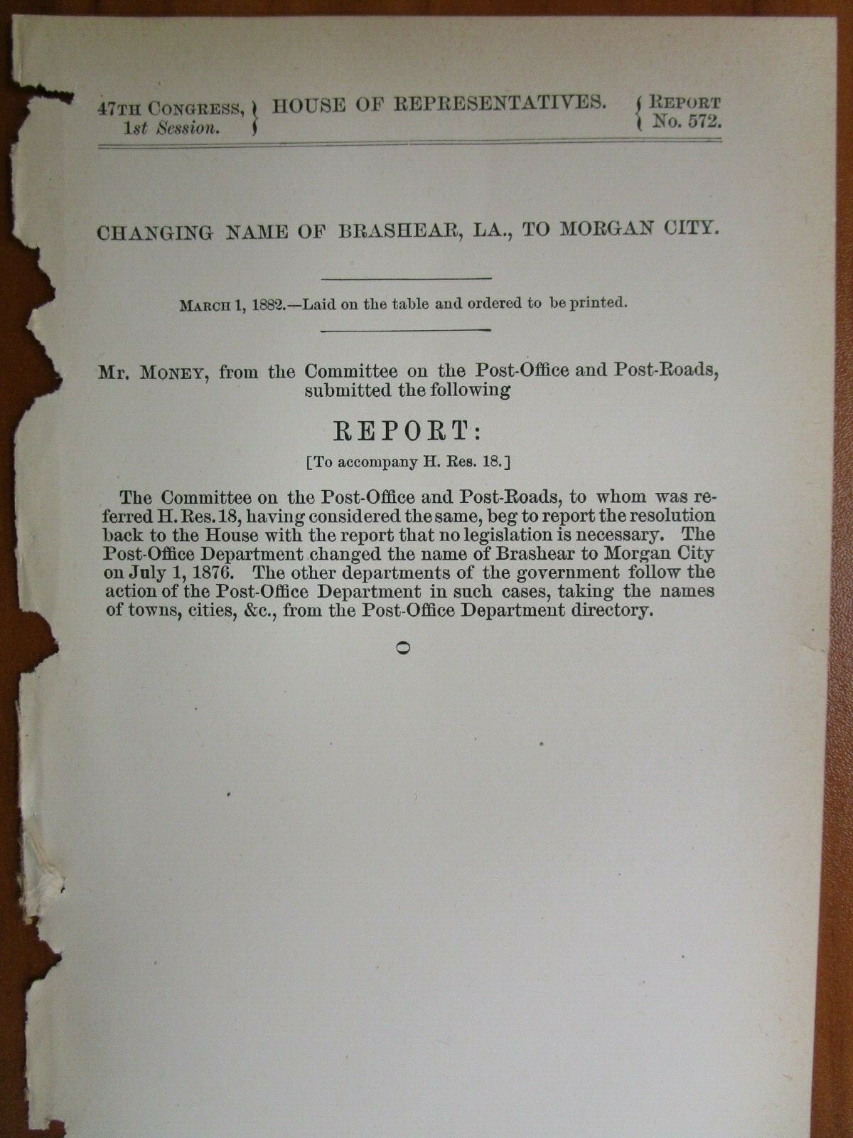 Government Report 3/1/1882 Brashear City Louisiana Name Post