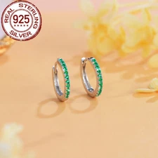Tiny Green CZ Round Hoop Earrings Solid 925 Sterling Silver Women Jewelry Gift