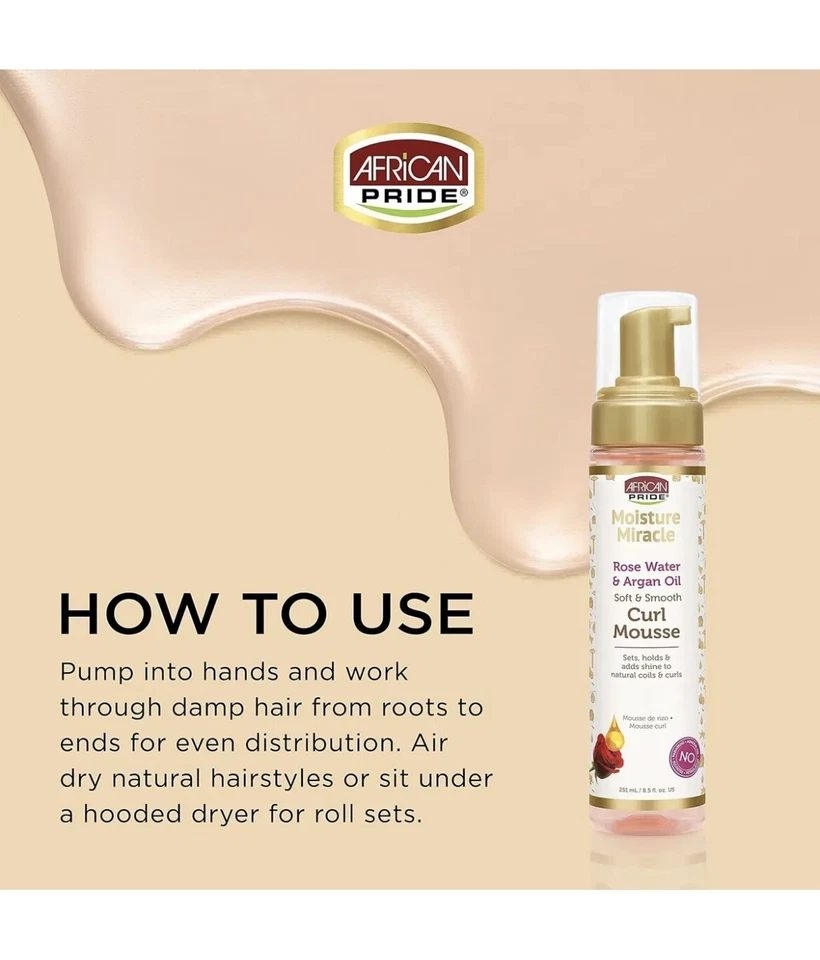 African Pride Moisture Miracle Rose Water Argan Oil Curl Mousse 8.5 oz - Изображение 2 из 4