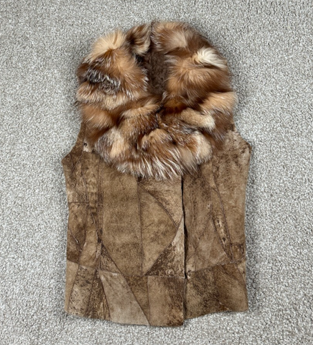 The Fur Vault Vest Womens 10 Brown Lambskin Leather Fox Fur Neck Trim Sleeveless