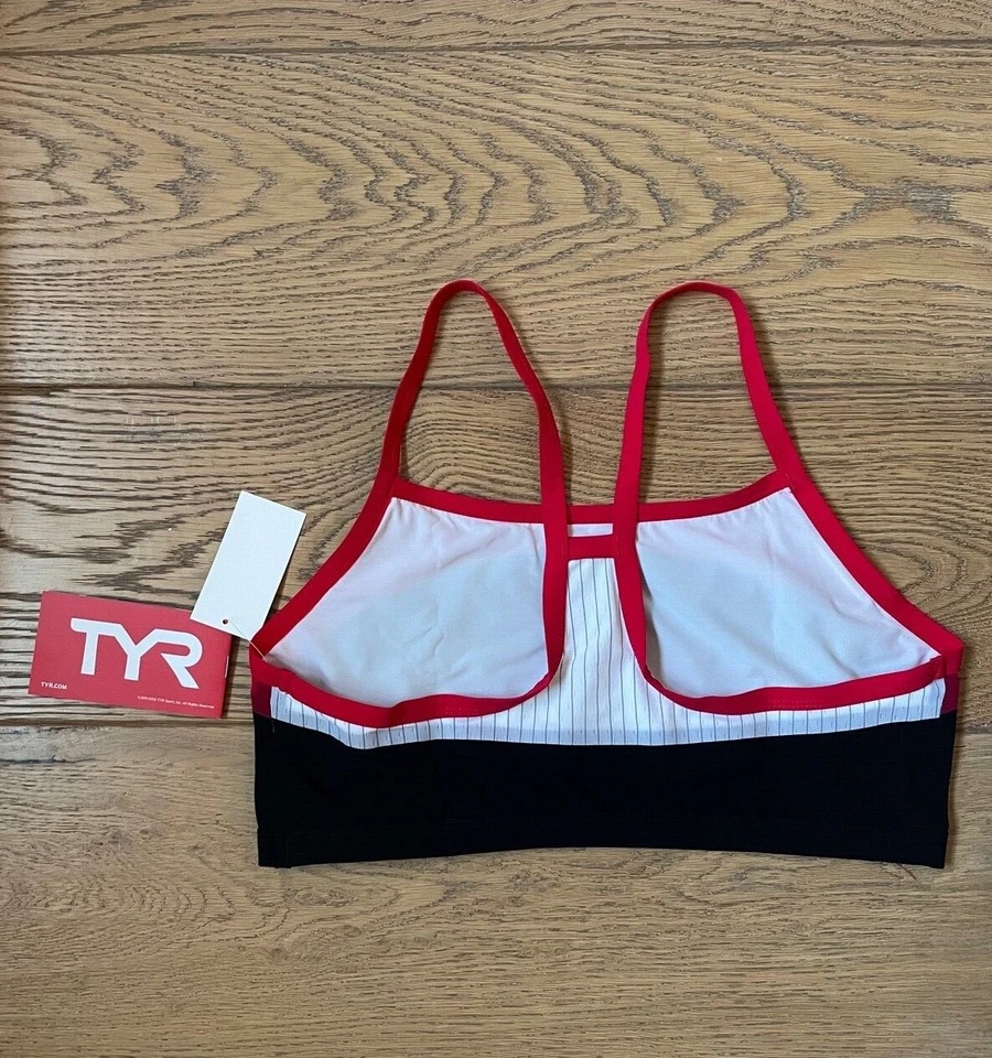 Nuevo sujetador TYR para mujer XS negro rojo correa delgada ejercicio entrenamiento hecho en EE. UU. CARBONO Foto 2 de 4