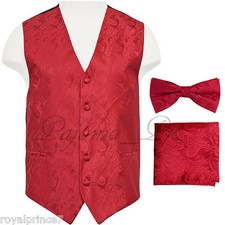 Red Paisley Vest Waistcoat  Bow tie Hanky Formal Wedding Prom Tuxedo Suit