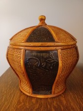 Straw Woven Wooden Decor Basket With Lid 10  H