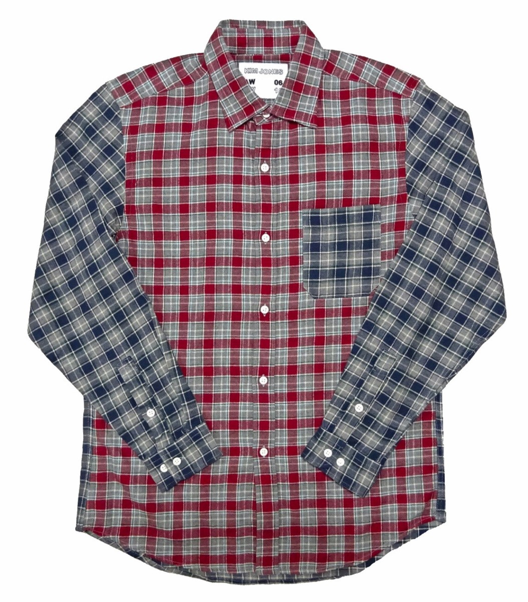 GU × Kim Jones Flannel Check Color Block Shirt Red/Navy Size GU × Kim Jones Flannel Check Color Block Shirt Red/Navy Size