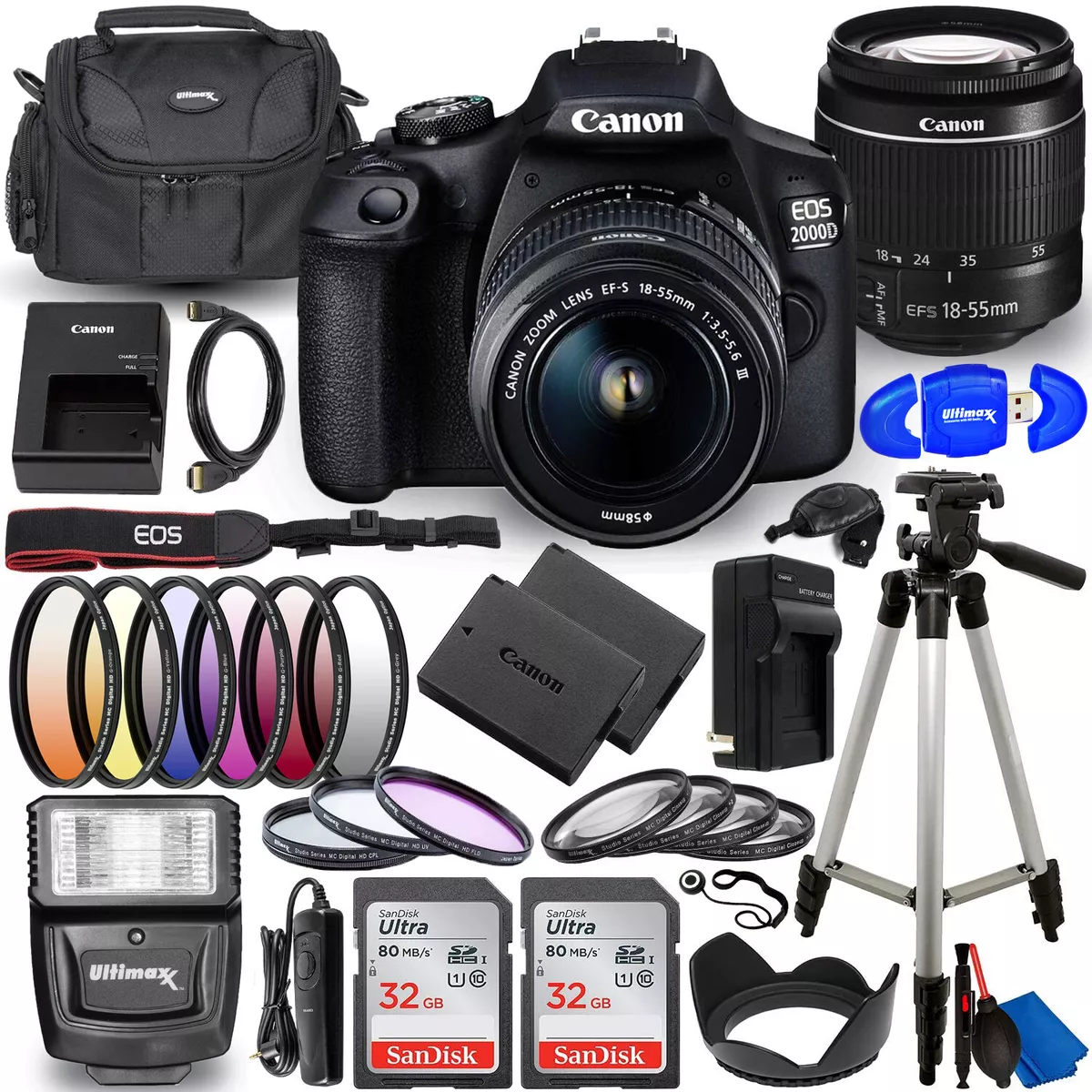 Canon EOS 2000D Rebel T7 DSLR Camera with 18-55mm III Lens With 25 Piece  Bundle 4549292111842