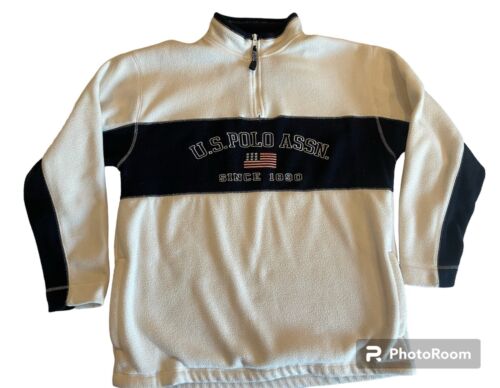 Vtg US Polo Assn Fleece Pullover Sweatshirt Size Large 16-18 Men Sm?White Blue - Picture 1 of 9