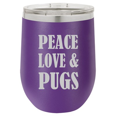 Stemless Wine Tumbler Coffee Travel Mug Glass Peace Love & Pugs