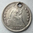 1857 Seated Liberty Half Dime 90% Silver Very Fine Details Holed U.S. Type Coin