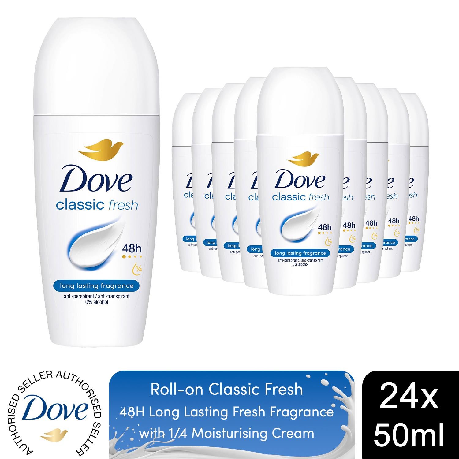 Dove Classic Fresh Roll On Anti-Perspirant Long Lasting Fragrance 50ml, 24 Pack