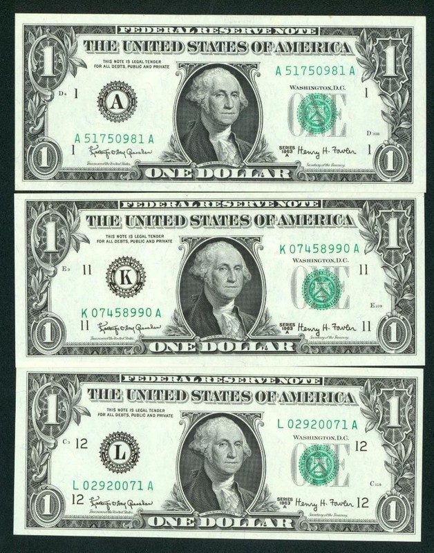 ((3 NOTES)) $1 1963 ((CHOICE CU)) Federal Reserve Note ** PAPER CURRENCY