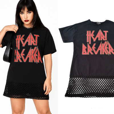 Y2K Hot Topic Black Pink Heart Breaker Print Mesh Hem TShirt Mini Dress Small