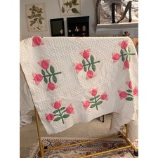 Vintage Handmade Hand Sewn Quilt Pink Floral Applique Cottagecore Romantic