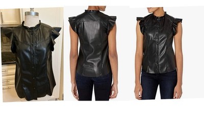 Joie Flutter Sleeve, Vegan Leather, Black, Button Up Blouse Size L