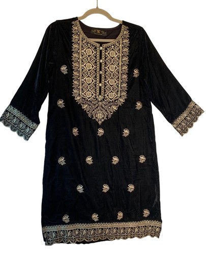 Nazila Couture size Med Black Velvet Kurta With Gold Embroidery & Sequin Details