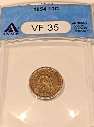 1854 SEATED LIBERTY DIME WITH ARROWS ANACS VF35
