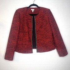 Chicos Red Tweed Embellished Beaded Open Front Jacket Blazer size 1 medium