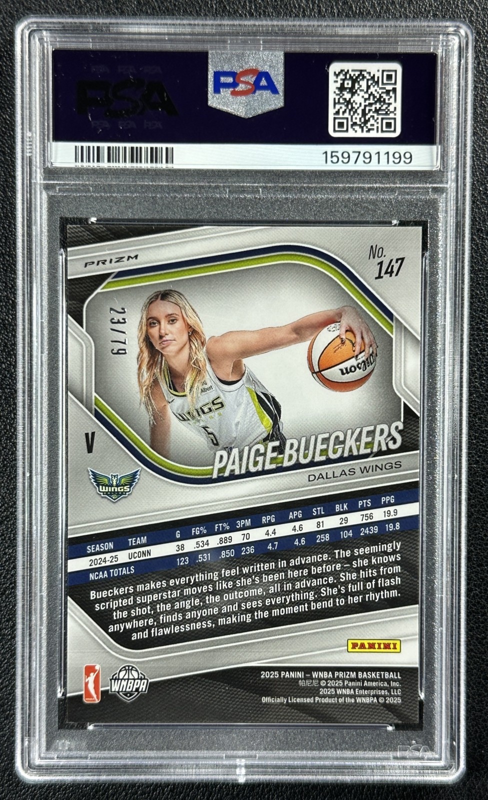 PAIGE BUECKERS PSA 9 2025 PANINI WNBA PRIZM #147 ROOKIE PINK VELOCITY RC 23/79 view 2