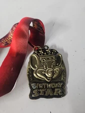 Vintage Chuck E Cheese Birthday Star Medallion Gold Metal Embossed With Lanyard