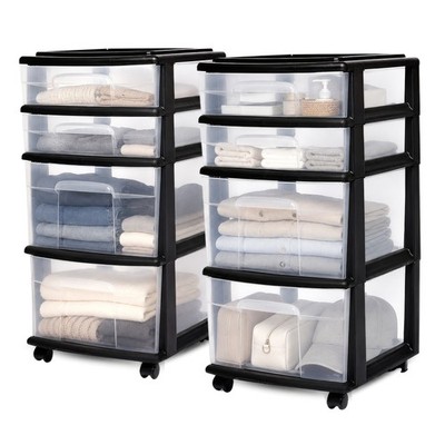 Homz Plastic 4 Drawer Medium Storage Tower, Clear Drawers & Black Frame (2 Pack)