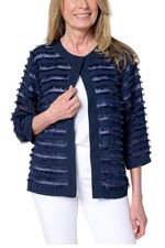 Susan Graver Women's Eyelash Jacquard Woven 3/4-Slv Cardigan Navy