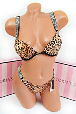 Victoria's Secret Swim Shine Strap Push up 2 cups Top Brazilian Set Leopard