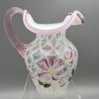 5.5” Fenton Diamond Optic Pink White Flower Pitcher Ruffled Edge Signed
