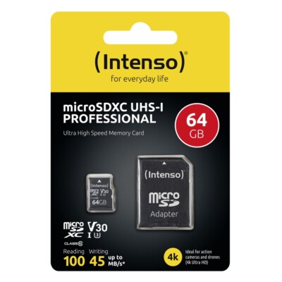 Intenso Micro SDXC Karte 64GB UHS-I U3 4K professional 100 MB/s V30 Class 10