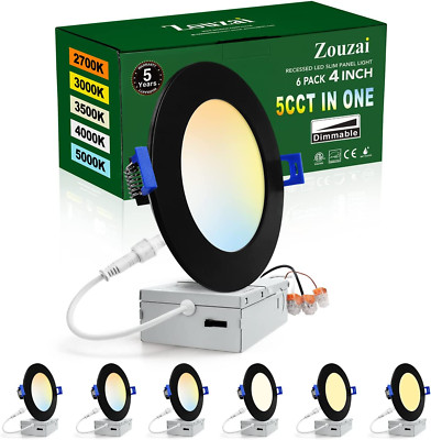 6 Pack 4 Inch Black 5CCT Ultra-Thin LED Recessed Ceiling Light with Junction Box