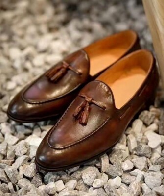 Handmade Dark Brown Tassels Loafers, Men Round Toe Slip On  display picture 3