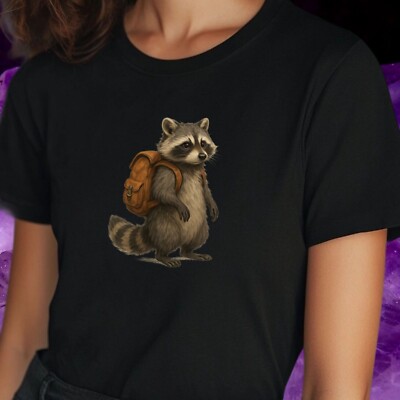 Women Raccoon Backpack Print Cotton T-Shirt Size S to 3XL