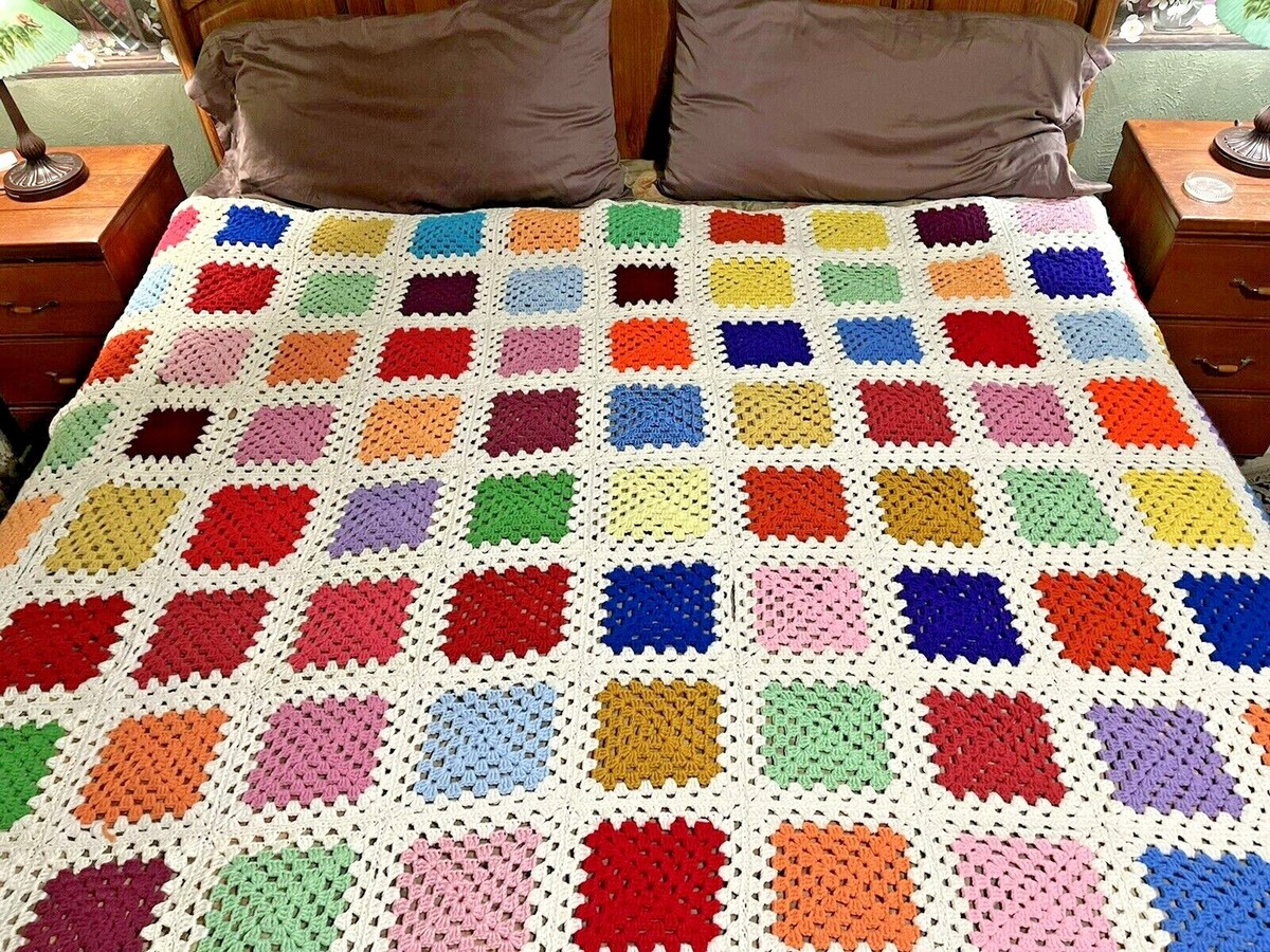 Vintage Granny Square Colorful Crochet King Size Blanket 86