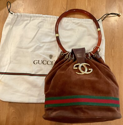 AUTH ICONIC GUCCI SUEDE RED GREEN STRIPE GG DRAWSTRING STYLE