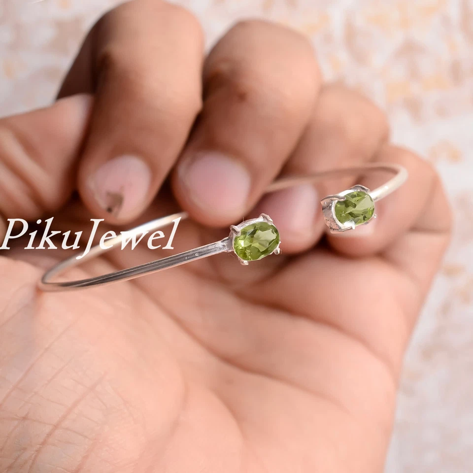 Green Peridot Cut Gemstone Bracelet 925 Sterling Silver Simple Looking Bangle - Image 3 of 4