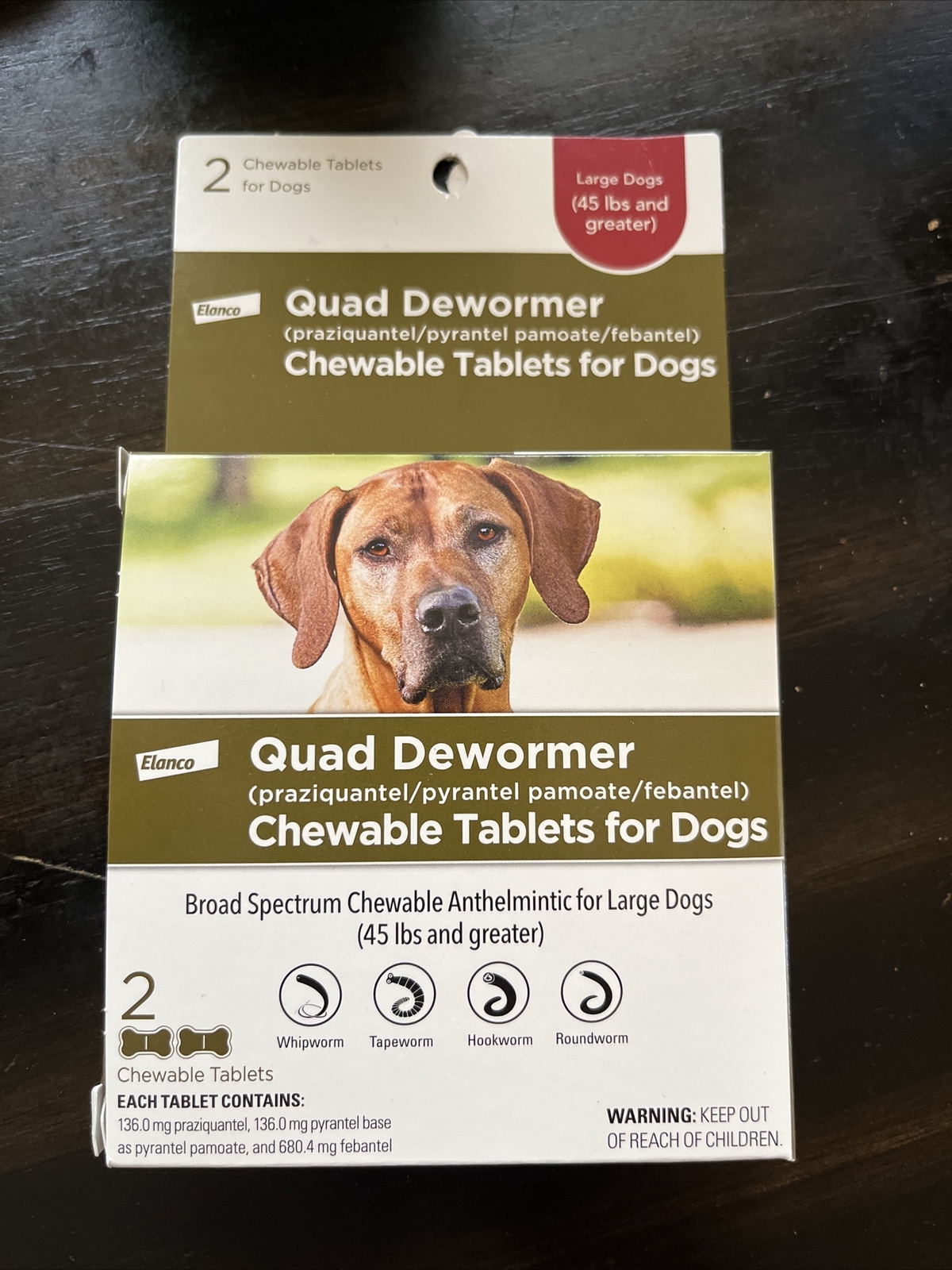 Elanco Quad Dewormer for Large Dogs 45 + lbs 2 Chewable Tablets EXP 05/