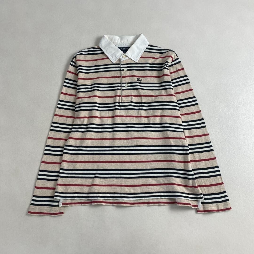 Burberry London Polo Shirt Long Sleeve Border Beige Cotton Women Size 150A Used