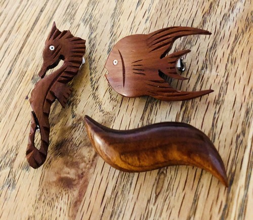 Vintage Wood Brooches (3) - Wave, Fish & Seahorse