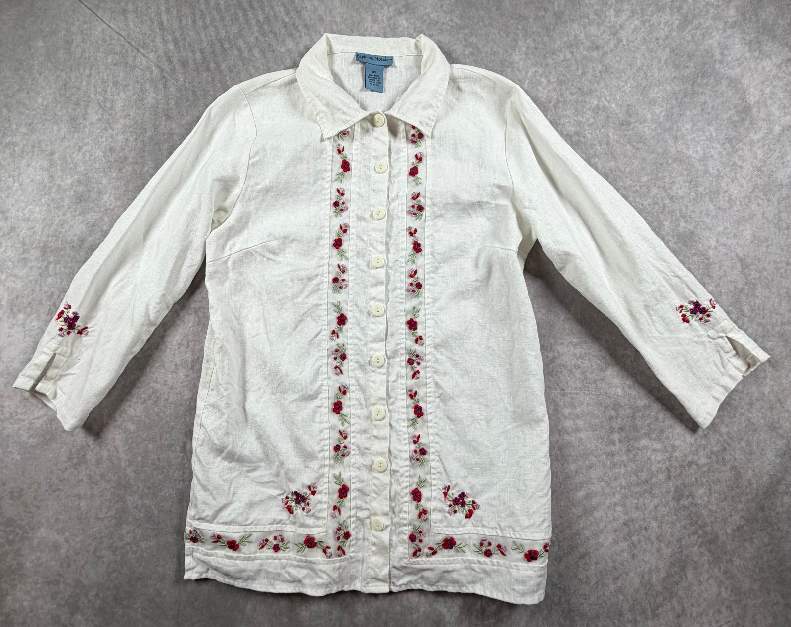Style Du Monde Womens Linen Embroidered Button Shirt 3/4 Sleeve XS