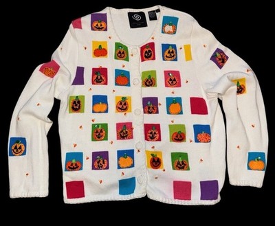 Michael Simon L White Halloween Pumpkin Patch Maze Harvest Fall Sweater Cardigan