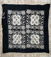 Antique Black Ivory Silk Floral w Peacocks Embroidered Manila Fashion Shawl READ