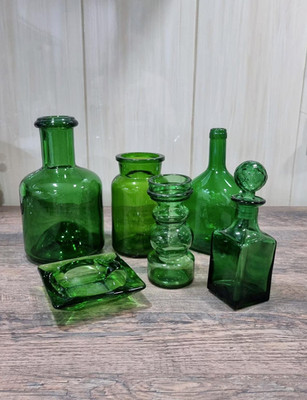 6-teiliges Deko-Set | Vintage Glas-Set|Smaragdgrün| Dekoflaschen & Karaffen