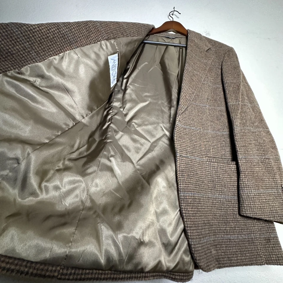 Jaqueta casaco blazer cabelo camelo tweed Bill Blass masculina 40R marrom xadrez preparação formal - Imagem 3 de 4