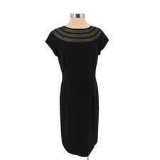 Talbots Sheath Midi Dress Black Short Sleeve Sheer Neck Button Zip Back Women 10