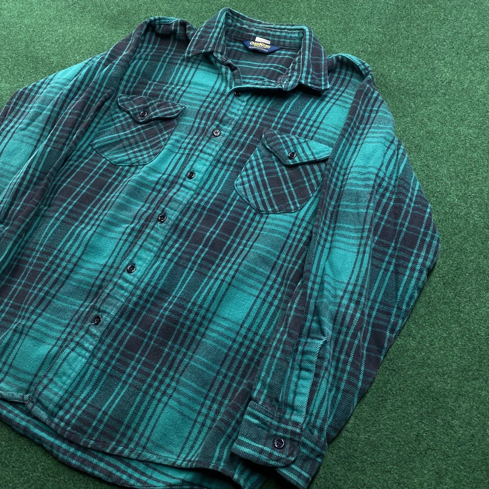 Vintage Oshkosh Bgosh Flannel Mens L Green Black 80S Plaid Cotton Shirt USA MADE - Image 2 of 4